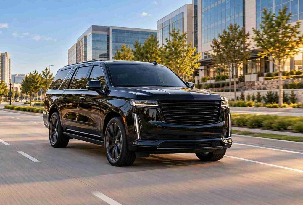 Black full-size SUV in a business district