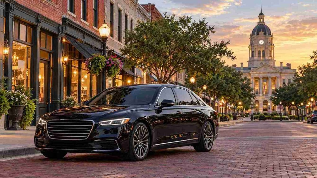 Black luxury sedan parked on a historic downtown street at sunset