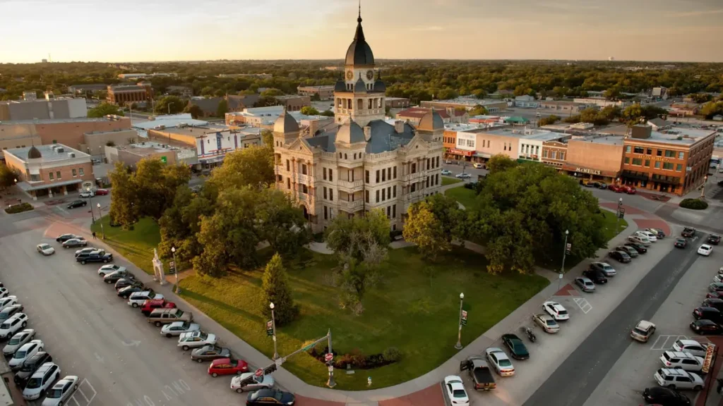 Downtown Denton Square and courthouse at sunset