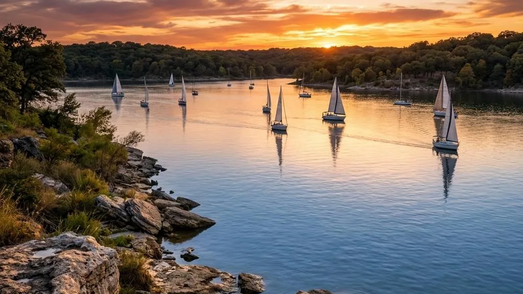 Sailboats on Grapevine Lake at sunset
