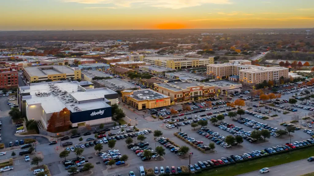Southlake Town Square district aerial view at sunset